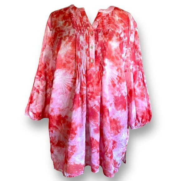 Chicos Womens Tunic Top Sz 3 XL 16 18 Pink Orange Tie Dye Pintucked Blouse Boho - Picture 1 of 7